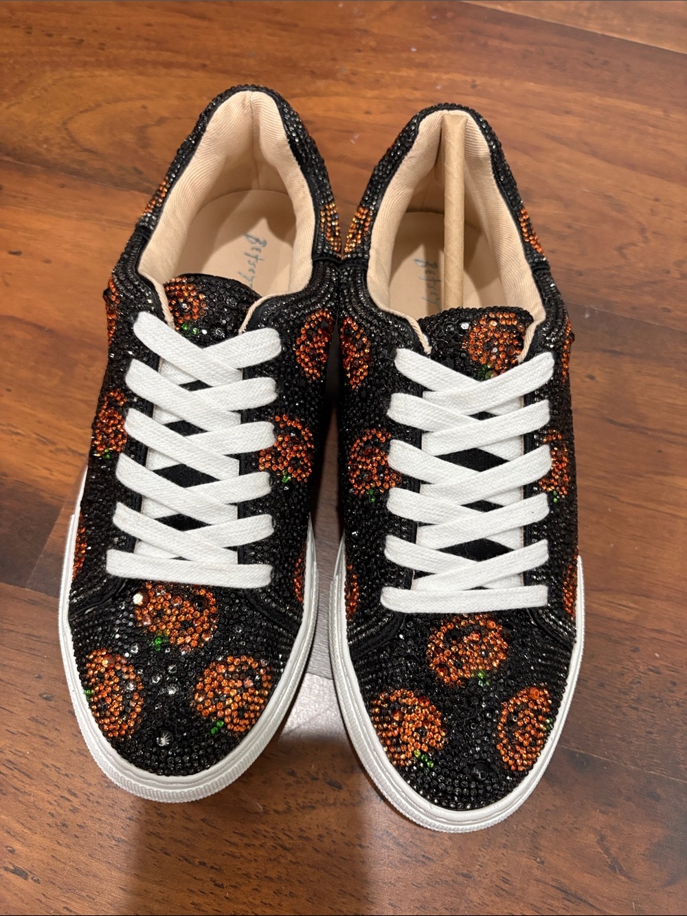 Betsey Johnson Sidny Black Crystal platform Sneakers with Orange Pumpkin Accents